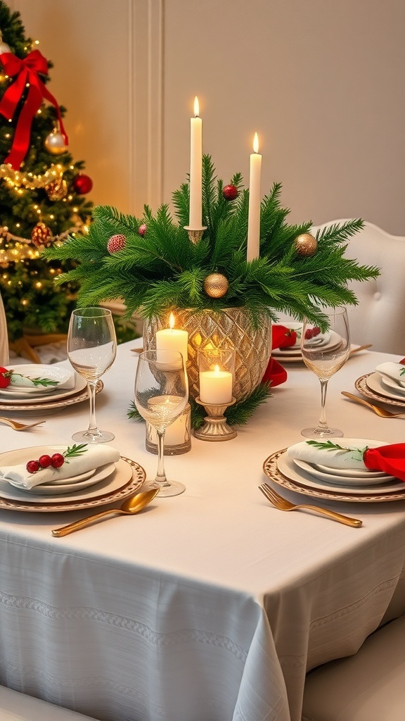 An elegant Christmas dinner table setting with festive decor, candles, and a centerpiece of greenery.